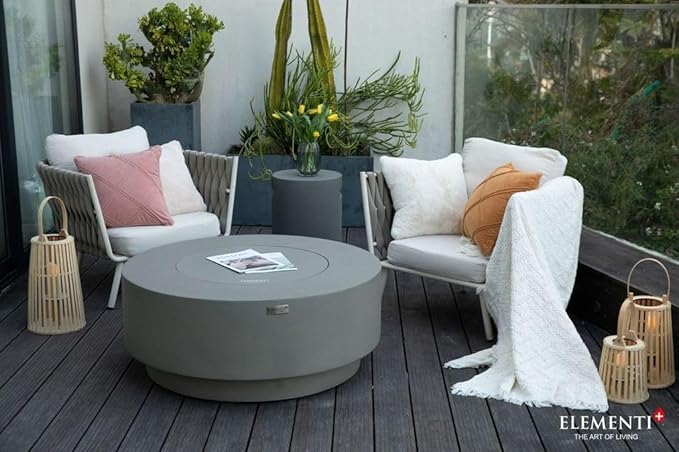 Elementi+ | Bundle Colosseo Gas Fire Pit Cast Concrete 40" Dia. Round Fire Table, Outdoor Fire Pit Electronic Ignition | Canvas Cover, Fire Glass and Burner Lid Included | Light Gray | Natural Gas