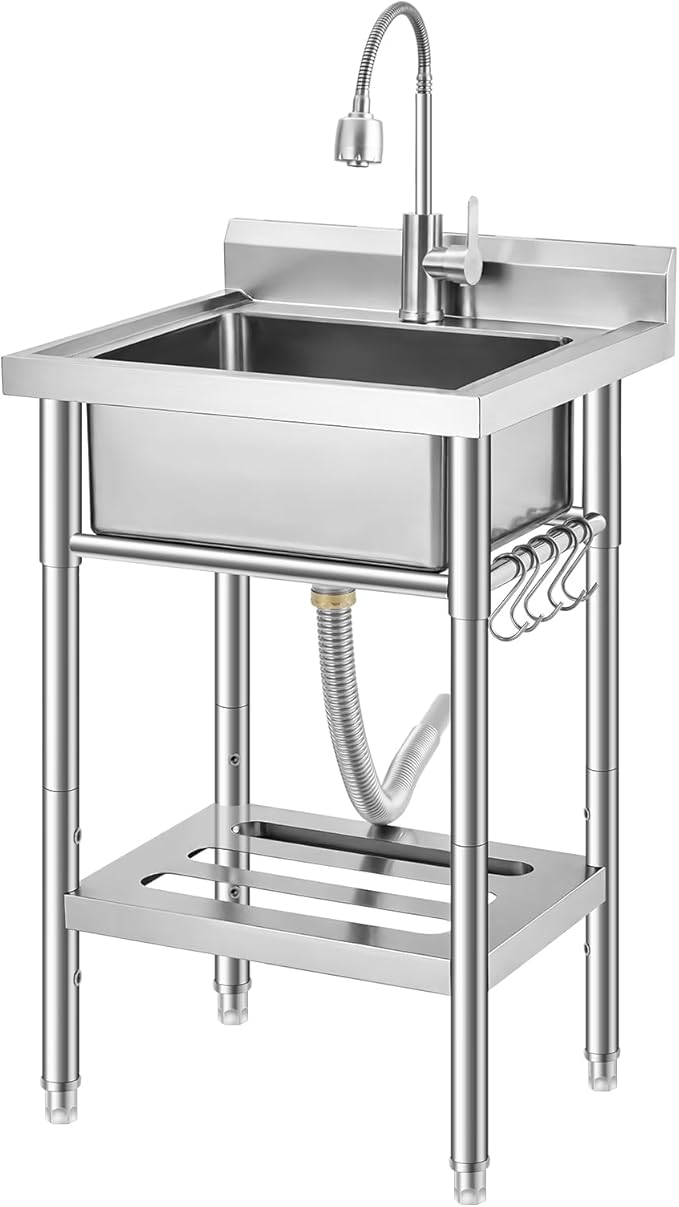 Stainless Steel Utility Sink, Free Standing Single Bowl Kitchen Sink, Adjustable Leg Height, w/Faucet,Hot and Cold Water Pipes,Commercial Laundry Tub,Hook,Storage Shelf for Indoor Outdoor Farmhouse
