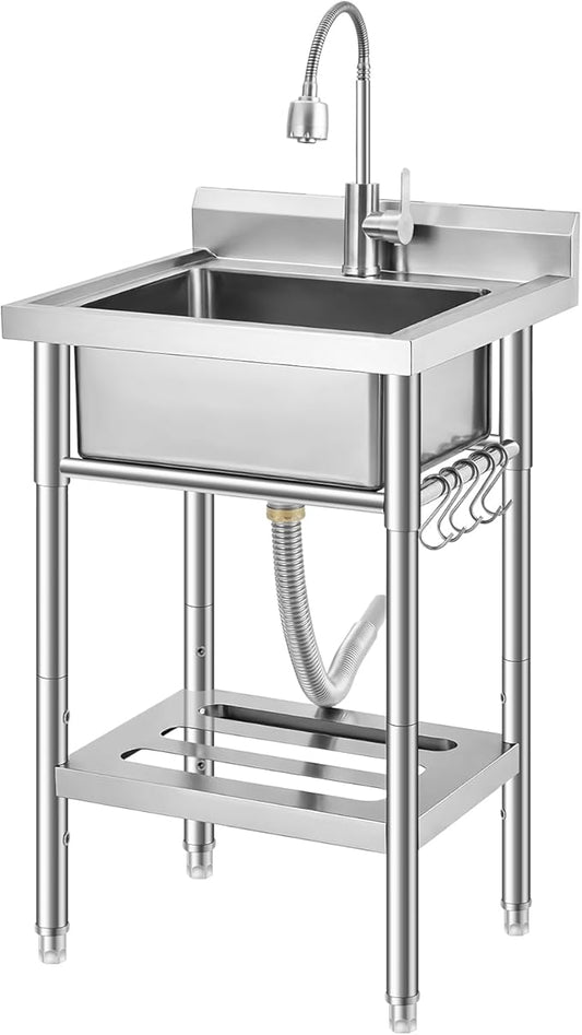 Stainless Steel Utility Sink, Free Standing Single Bowl Kitchen Sink, Adjustable Leg Height, w/Faucet,Hot and Cold Water Pipes,Commercial Laundry Tub,Hook,Storage Shelf for Indoor Outdoor Farmhouse