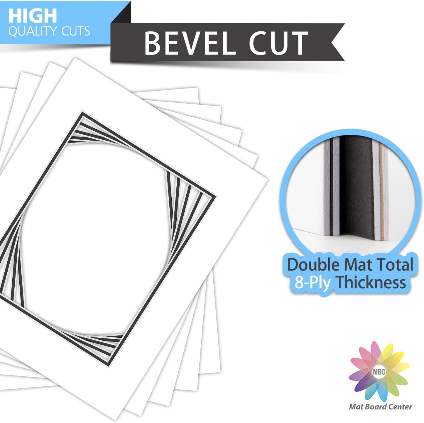 Mat Board Center, Double Mat - Acid Free, 8-ply Thickness, White Core - for Pictures, Photos, Framing (White Over Black, 16x20 for 11x14, Pack of 5)
