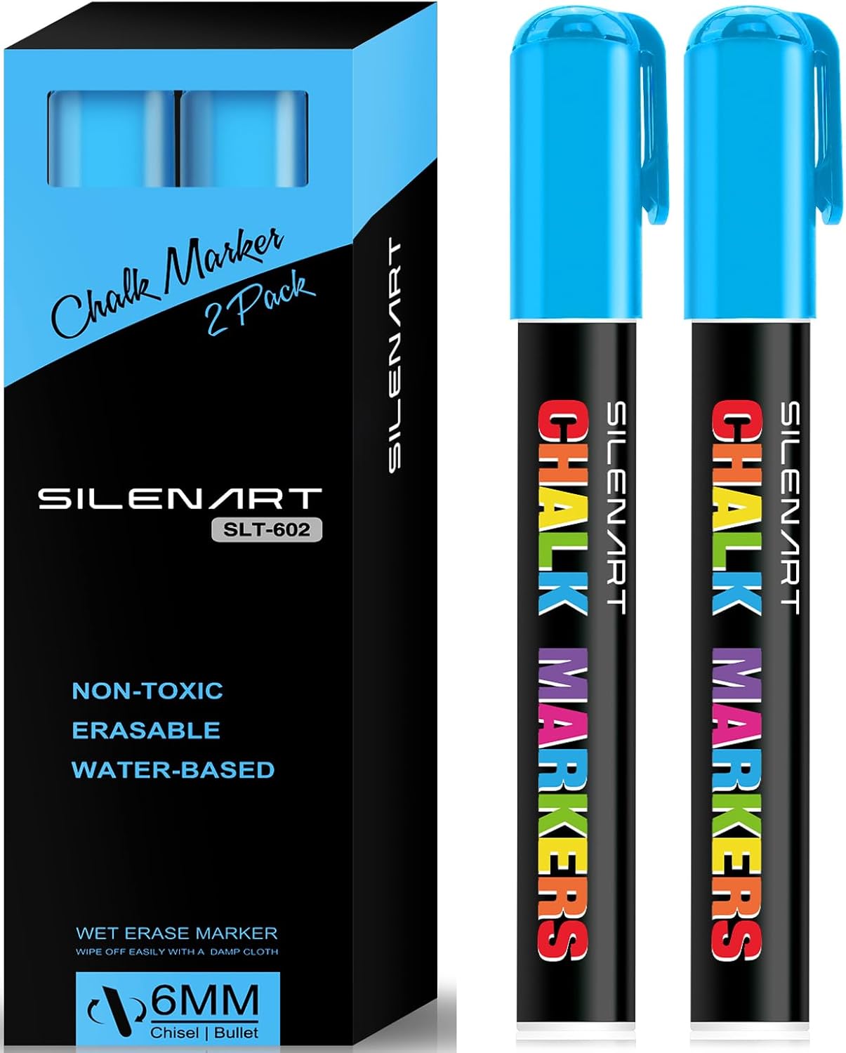 SILENART Blue Chalk Markers 2 Pack - Blue Dry Erase Markers Pen - Liquid Chalk Markers for Chalkboard, Window, Glass, Mirror, Blackboard - 3-6mm Reversible Tip