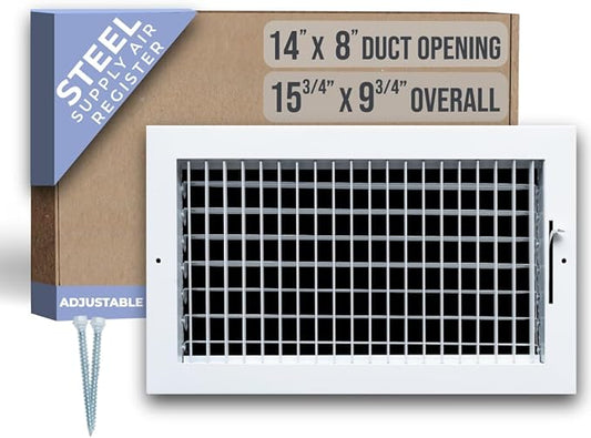 Fits 14x8 Duct Opening Steel Adjustable Air Supply Grille by Handua | Register Vent Cover Grill for Sidewall and Ceiling | White | Outer Dimensions: 15.75" X 9.75"