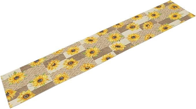 Farmhouse Sunflower Table Runner, Rustic Vintage Linen Patchwork Summer Yellow Floral Table Cover for Bithday Party Home Kitchen Dining Room Decor, 13x120inch