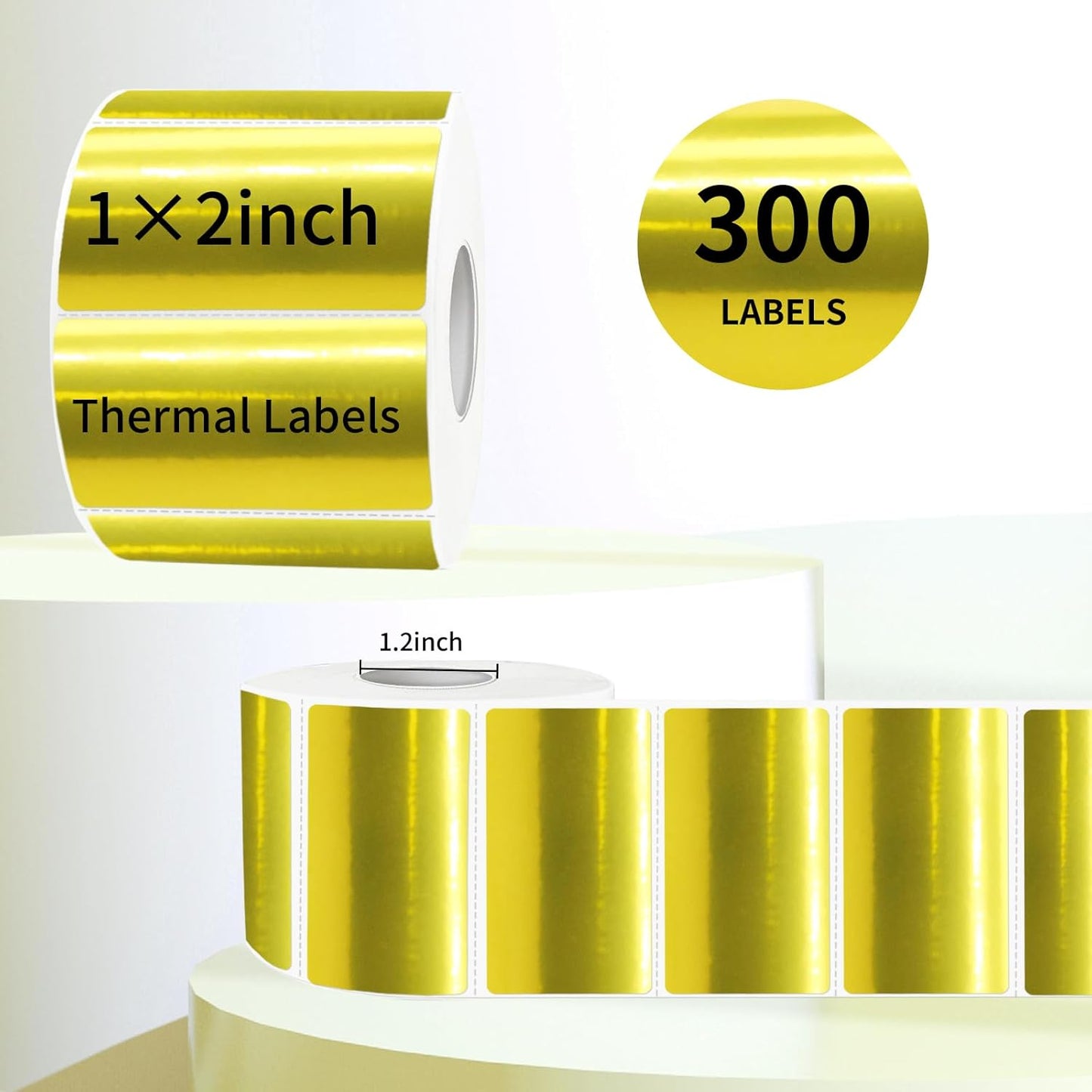 2x1 Inch Thermal Labels, Holographic Gold Thermal Printer Stickers, Waterproof Self-Adhesive Shipping Label Printer Sticker for Barcode, Name, Address, 300 Labels/Roll