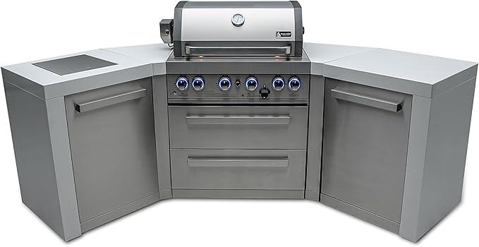 Mont Alpi MAi400-D45 32-Inch Deluxe 45-Degree 4-Burner 78000 BTU Deluxe Stainless Steel Island Outdoor Kitchen Gas Barbecue Island Grill with Ceramic Infrared Side & Rear Burners + Granite Countertops