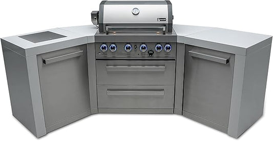 Mont Alpi MAi400-D45 32-Inch Deluxe 45-Degree 4-Burner 78000 BTU Deluxe Stainless Steel Island Outdoor Kitchen Gas Barbecue Island Grill with Ceramic Infrared Side & Rear Burners + Granite Countertops