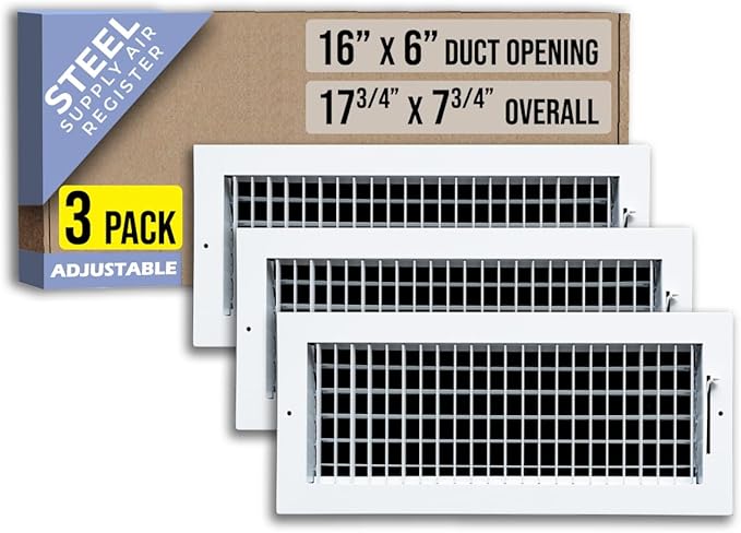 [3 Pack] Fits 16x6 Duct Opening Steel Adjustable Air Supply Grille by Handua | Register Vent Cover Grill for Sidewall and Ceiling | White | Out. Dim.: 17.75" X 7.75"