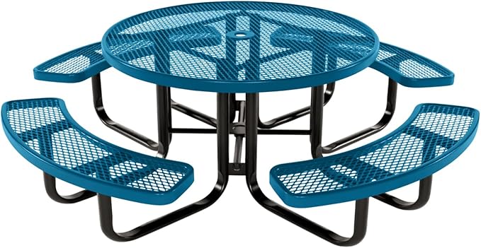 COATEDOUTDOORFURNITURE Heavy-Duty Portable Outdoor Kids Table with Umbrella Hole, Expanded Metal Kids Picnic Table, Commercial-Grade, Made in America (46 in, Round, Childrens, Light Blue)
