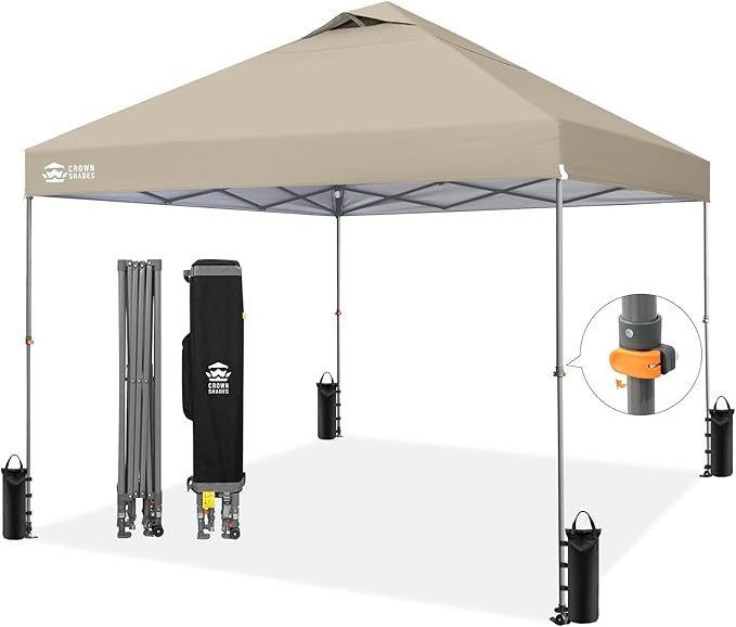 CROWN SHADES Adjustable Height on The Fly, 10x10 Pop Up Canopy - Beach Tent with One Push Setup - Easy Outdoor Sun Shade for Events, Parties, Camping - Outside Shade with STO-N-Go Bag, Khaki