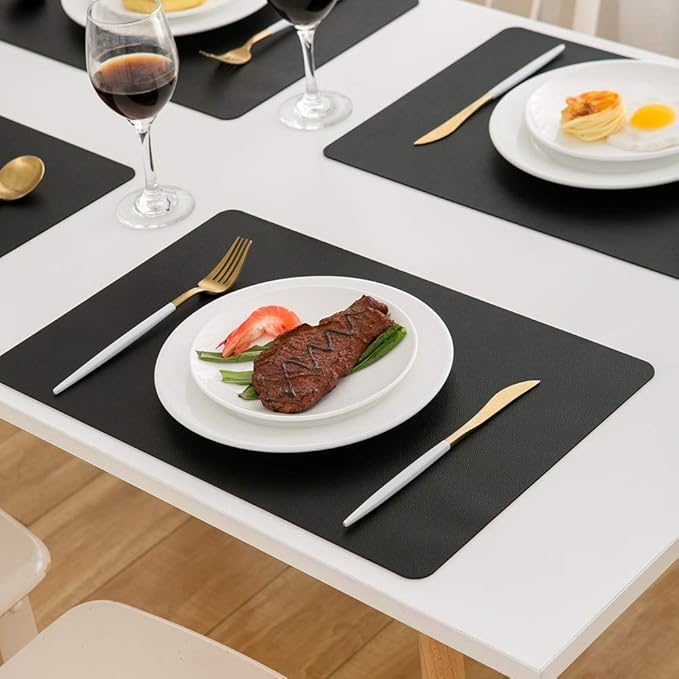 DOLOPL Placemats Set of 8, Black Wipeable Faux Leather Heat Resistant Place Mats for Kitchen Dining Room Table Decorations, Modern Waterproof Table Mats for Indoor & Outdoor Use