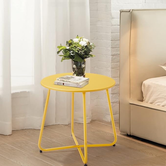 Patio Small Outdoor Side Table Waterproof Round Metal Steel Side Table Weather Resistant Portable Outdoor and Indoor End Table for Garden Balcony Yard, Yellow