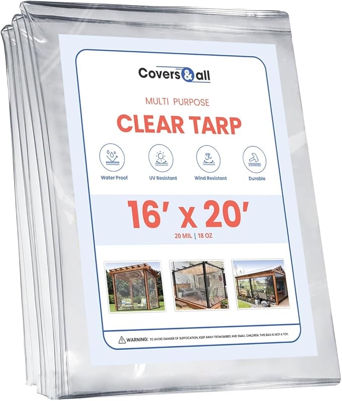 Covers & All Heavy Duty Waterproof Clear Tarps, 18 oz 20 mil Clear PVC Tearproof Tarpaulin, Perfect for Indoor & Outdoor Use (16’ H x 20’ W Feet, Clear)