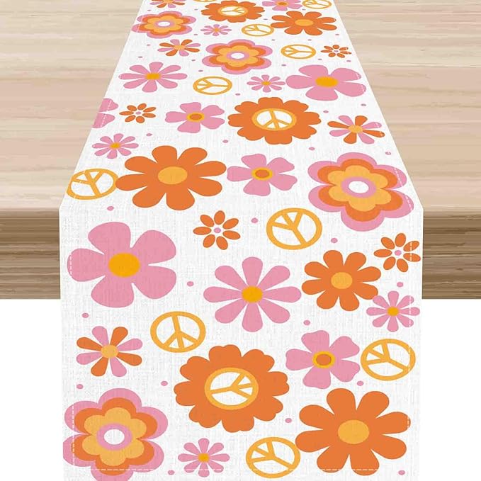 Groovy Floral Table Runner, Retro 70s Hippie Floral Funky Pink Cute Flower Trippy Coffee Table Center Decor for Home Kitchen Dining Patio Holiday Party Indoor Outdoor Table Decorations, 13"x108" Inch