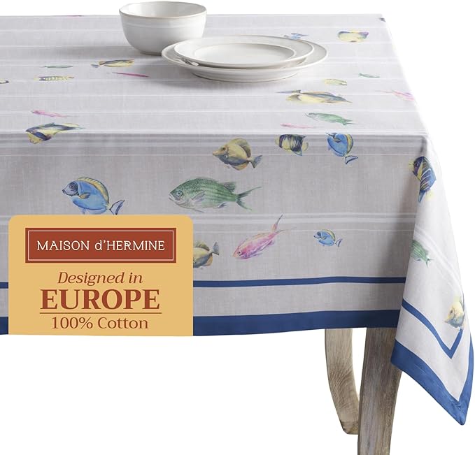 Maison d' Hermine Table Cloth Rectangle Table 100% Cotton 60 x 90 Inches Tablecloth Reusable Decorative Everyday Use for Dining Room, Farmhouse, Home, Party, Festive & Wedding Spring Summer - Poisson