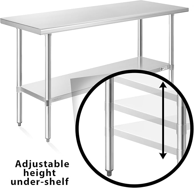 KUTLER Stainless Steel Table 24 x 60 Inches, NSF Heavy Duty Commercial Kitchen Prep and Work Table with Undershelf for Restaurant, Hotel, Home