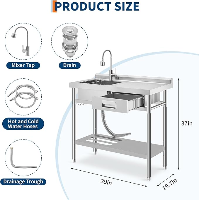 Freestanding Stainless Steel Utility Sink with Workbench, Right Drawer, Commercial Kitchen Sink with Faucet, Hot & Cold Water, Storage Shelf, S-Hook, Knife Holder, Adjustable Leg for Indoor Outdoor