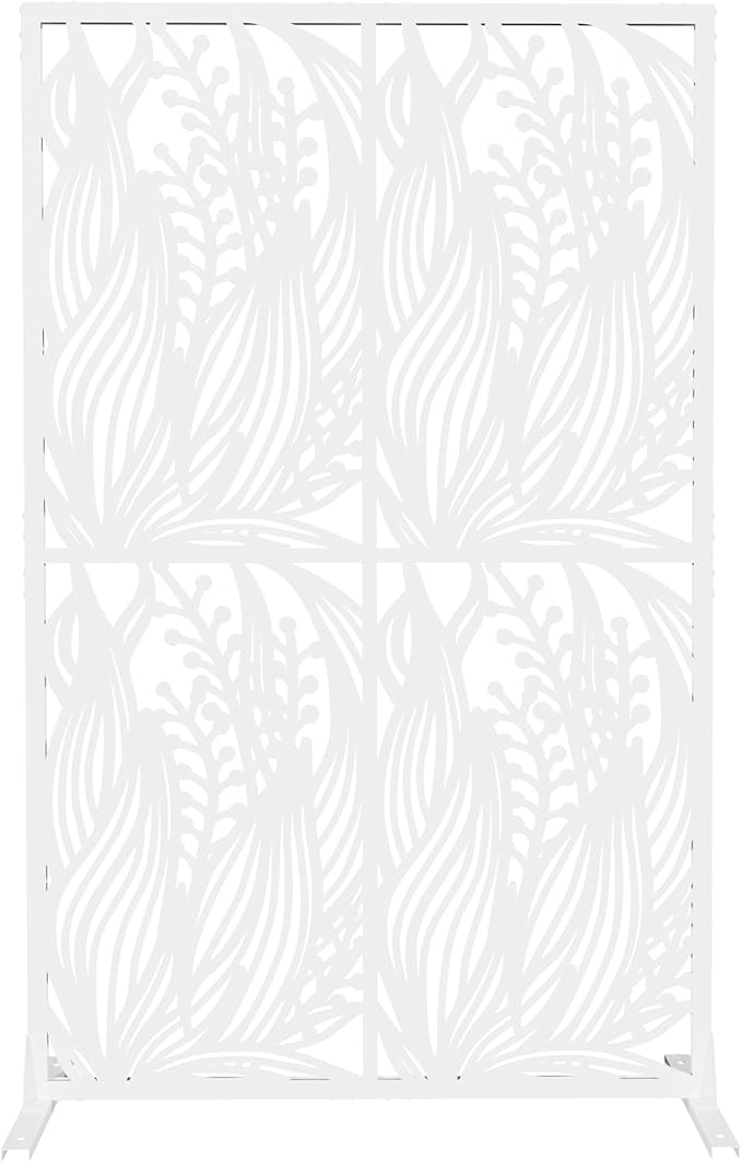Metal Privacy Screen Room Divider 72" H x 45.3" W, Free Standing Decorative Panel with Bird Design for Indoor Outdoor Use, Black Iron Partition for Patio Balcony Garden (Leaf White)