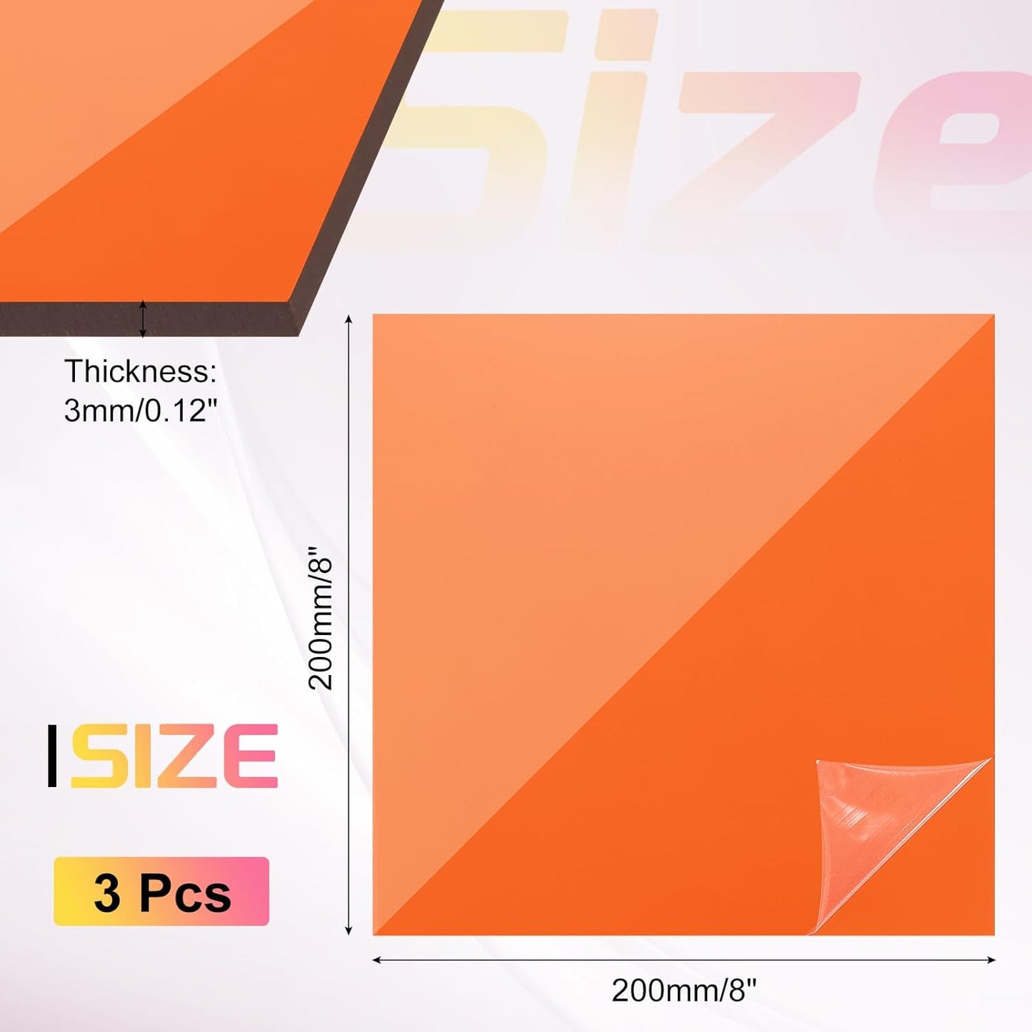 uxcell 3Pcs Acrylic Sheets 8x8 Inch Acrylic Panel 1/8 Inch-3mm Plastic Board for Picture Frames Sign Holders DIY Display Projects Craft, Clear Orange