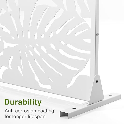 Casaphoria 72" H x 47" W Metal Outdoor Privacy Screen, Freestanding Decorative Divider for Patio, Deck, Balcony, and Garden with Stable Base, White Bamboo Leaves