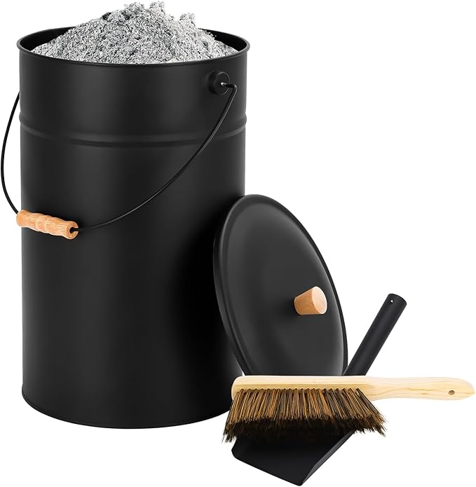FEED GARDEN 5.15 Gallon Ash Bucket with Lid,Shovel,Broom Ash Can for Fireplace Fire Pits,Wood Stoves,Fireplace Galvanized Iron Bucket,Pellet Charcoal Bucket,Indoor Outdoor，Black