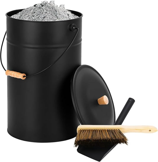 FEED GARDEN 5.15 Gallon Ash Bucket with Lid,Shovel,Broom Ash Can for Fireplace Fire Pits,Wood Stoves,Fireplace Galvanized Iron Bucket,Pellet Charcoal Bucket,Indoor Outdoor，Black