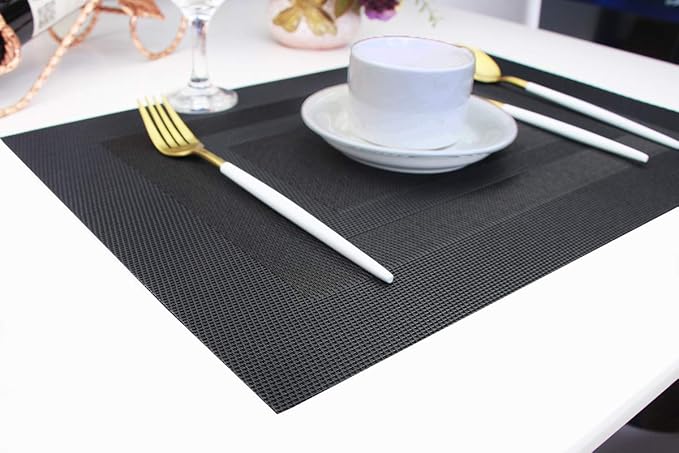 Durable Placemats Set of 4 Vinyl Heat-Resistant Table Mats Washable Plastic Placemats for Dining Table (Black)