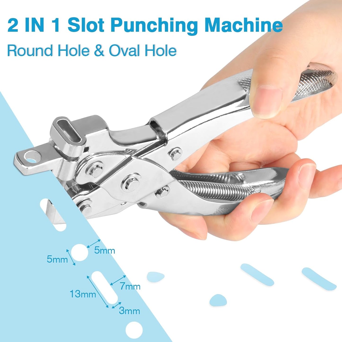 2 in 1 Badge Slot Hole Punch for ID Cards, Heavy Duty Hand Punch Metal Hole Puncher for PVC Material, Business Cards, Paper and Cardstock (5mm Round Hole &13mm X 3mm Slot Hole, Silver)