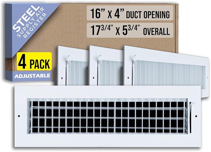 [4 Pack] Fits 16x4 Duct Opening Steel Adjustable Air Supply Grille by Handua | Register Vent Cover Grill for Sidewall and Ceiling | White | Out. Dim.: 17.75" X 5.75"