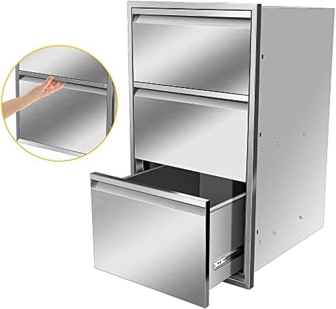 Outdoor Kitchen Stainless Steel Triple Access BBQ Drawers With Handle For BBQ Island Patio Grill Station,Three Drawers