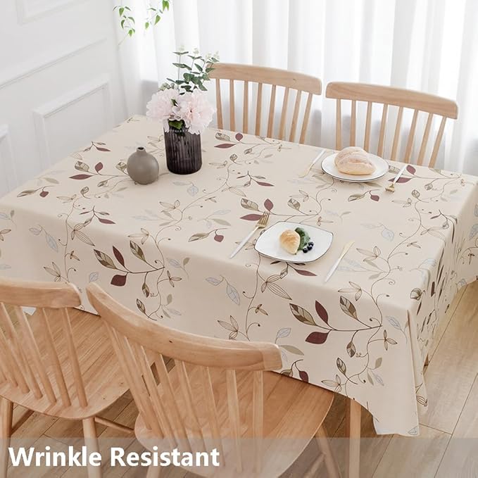 TruDelve Heavy Duty Vinyl Tablecloth Beige Plastic Table Cloth Waterproof Wipeable Oilcloth Tablecloths for Rectangle Tables (54'' x 72'', Leaves)