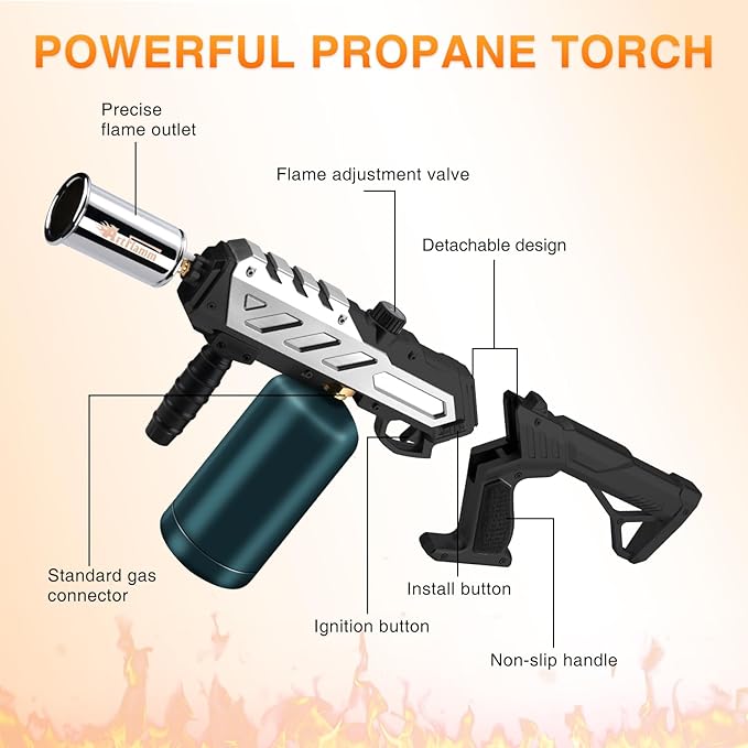 Powerful Propane Torch Gun, Kitchen Grill Torch with Detachable Design, Adjustable Flamethrower Torch Burner for Searing Steak, BBQ, Welding, Camping Charcoal Lighter(Tank Not Included)