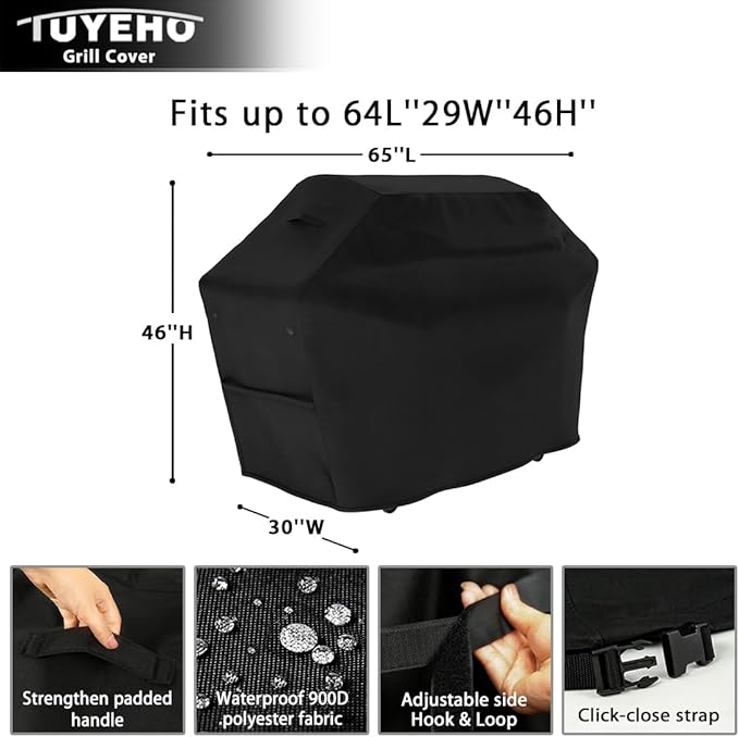 Tuyeho Grill Cover 65 x 30 x 46 inch, 900D Heavy Duty Gas BBQ Cover w/Side Fasteners Straps, Waterproof & Weather Resistant for Your Weber, Char-Broil, Brinkmann, Holland, Jenn Air (Black)