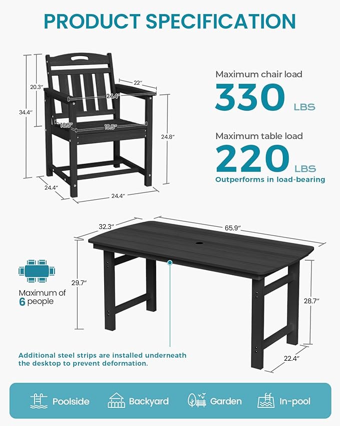Ciokea HDPE Outdoor Patio Dining Chairs Set of 2, All-Weather Porch Chair with Wide Seat, Durable Outdoor Furniture for Backyard, Garden, Lawn & Poolside, Black