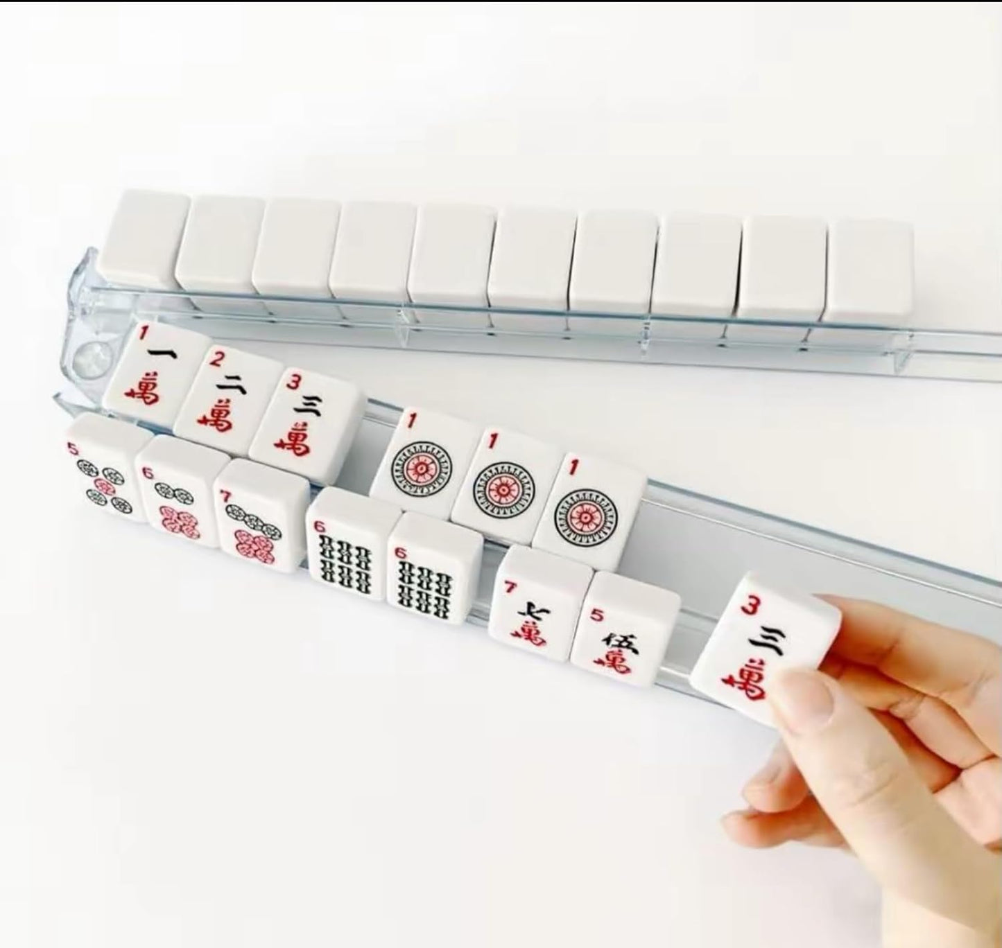 Mahjong All-in-One Tile Rack & Pusher, Clear Acrylic Mahjong Rack and Pusher Combo, Enhanced Mah Jongg Tile Holders Set of 4，Color，with 4 Dics (Transparent)