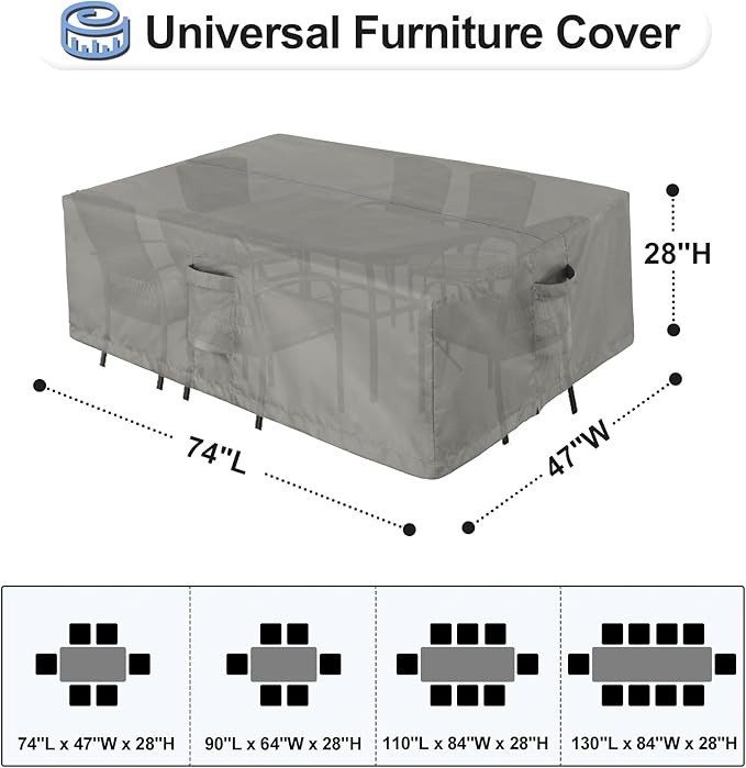 OutdoorLines Outdoor Waterproof Patio Table Furniture Set Covers - Rectangle Couch Sectional Cover Outside Weatherproof Patio Furniture Covering for Deck, Lawn and Backyard 74"L x 47"W x 28"H, Grey