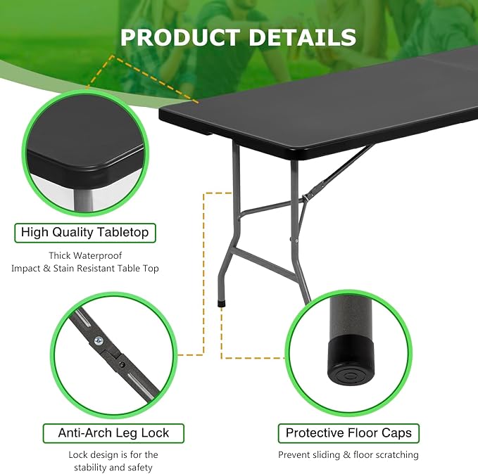 BestOffice 8 FT Picnic Table Folding Table Camping Plastic Table Fold Up Table Lock for Party Event, Black