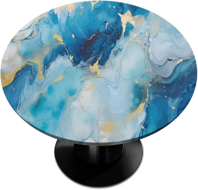 Marble Pattern Ink Blue Round Table Cloth Cover, Elastic Edge Waterproof Wipeable Tablecloths 36"-42" Polyester Tablecloth for Party Restaurant Banquet Holiday Camping Outdoor Picnic