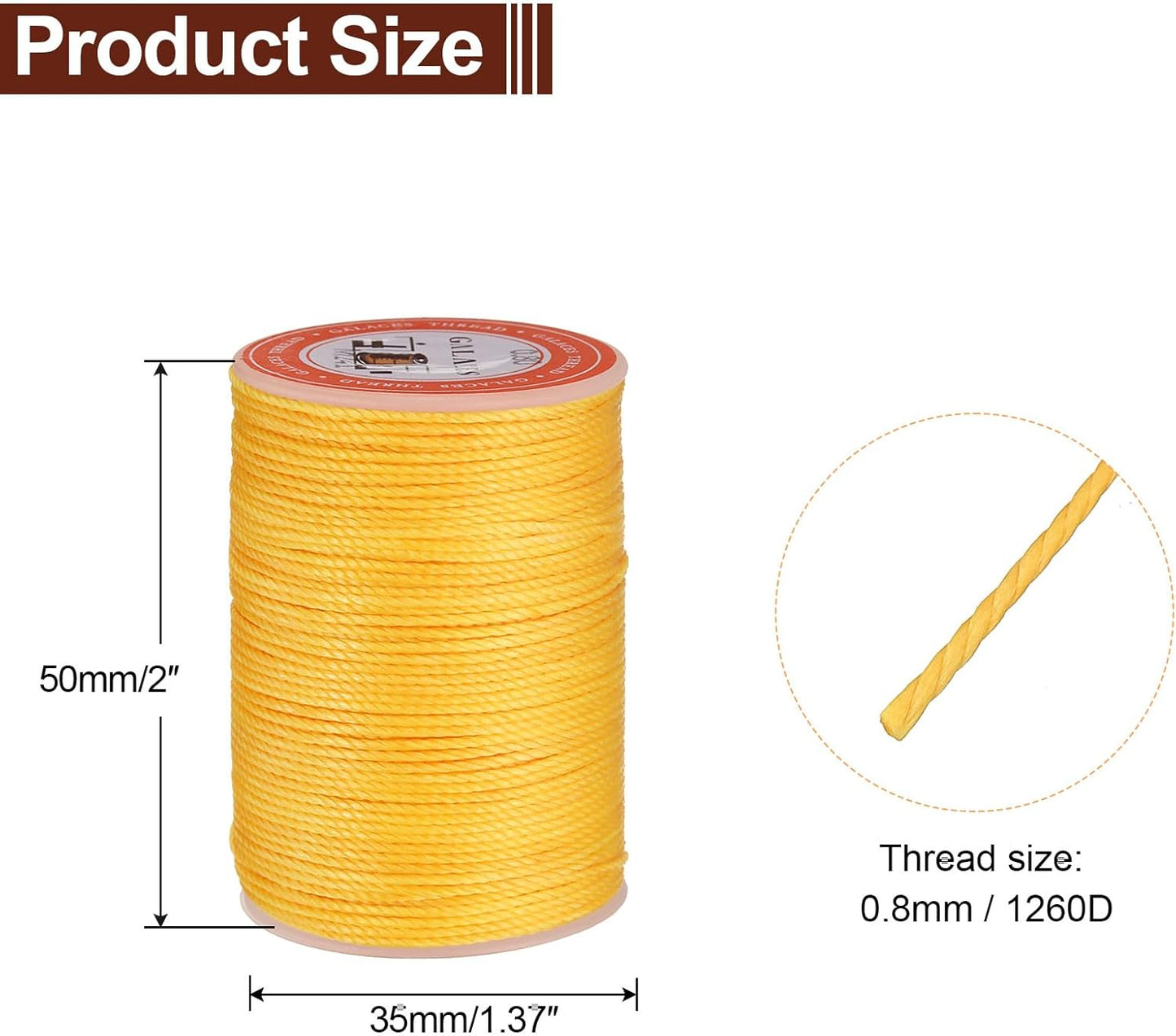 uxcell Round Leather Sewing Waxed Thread, 55m / 60 Yards Wax Polyester String, 0.8mm Waxed Stitching Cord for Leather Crafts, Bookbinding, Bracelets Braided, Yellow
