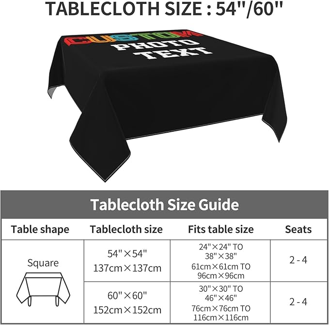 Custom Square Tablecloth, Design Your Logo Text Photo, Personalized Oil Proof Wipeable Table Cover for Restaurant, Family Party, Picnic, Wedding Anniversary Decoration, 60in
