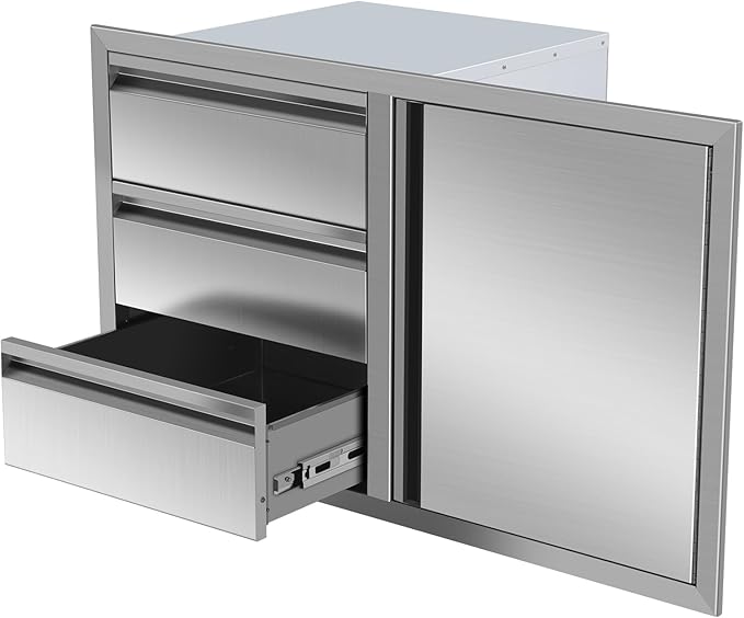 Outdoor Kitchen Drawer Combo, Stainless Steel Triple Drawers & 2 Trash Can Drawers,Enclosed Built-in Drawer Flush Mount For Outdoor Kitchens & BBQ Islands ﻿ ﻿,G4