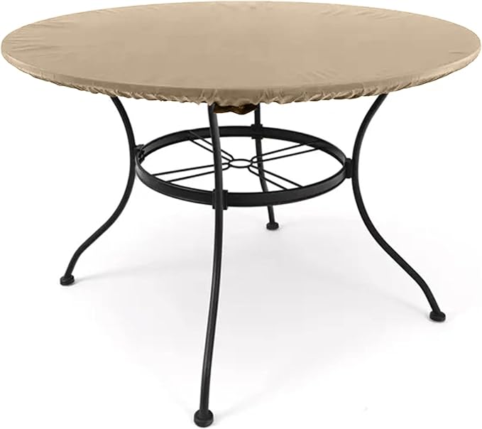 Covermates Classic Round Table Top Cover – All-Weather Outdoor Table Protection, Water-Resistant Vinyl, Elastic Hem, Mesh Vents, Patio Furniture Cover, Round 42-48 DIAMETER, Classic Tan