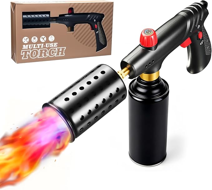 Propane Torch, Cooking Blow Torch Gun with Safety Lock, Charcoal Lighter, Flame Thrower, Kitchen Food Torch Head for Grill, Sous Vide, BBQ (Tank Not Included) (Carbon fiber)