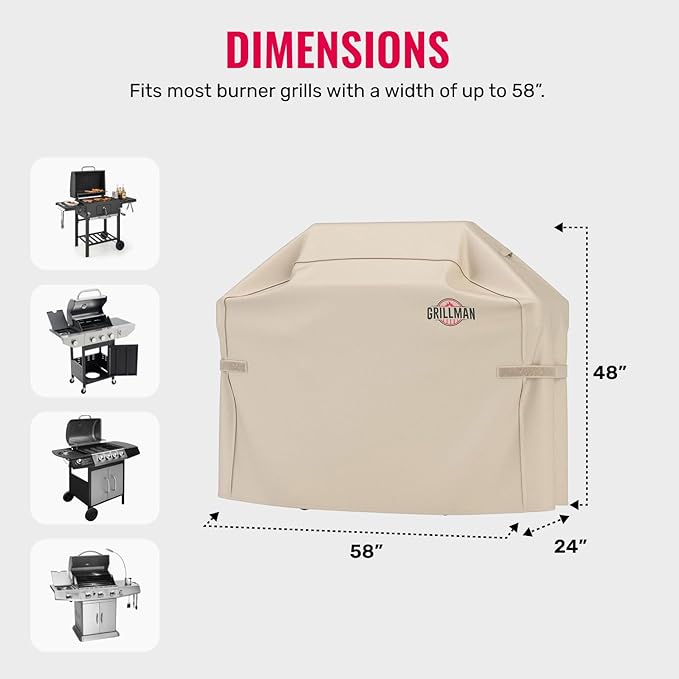 Grillman Grill Cover, BBQ Outdoor Grill Covers, Charcoal, Gas Grills, Waterproof, Rip-Proof, Weather-Resistant, Anti-UV, Barbecue Cover for Weber, Genesis, Charbroil, Nexgrill, etc (Tan, 58 Inch)