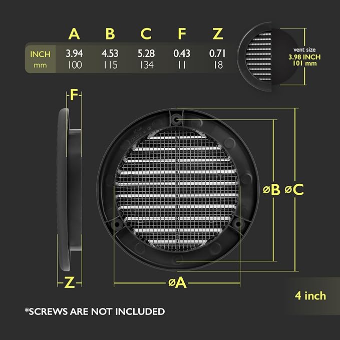4 Inch [Opening] Black Air Vent Cover – Pack of 5 – Plastic Round Air Vent Grill Cover for Wall or Ceiling, Built-in Mesh Screen/HVAC Return Air Register – Modern Louvered Design
