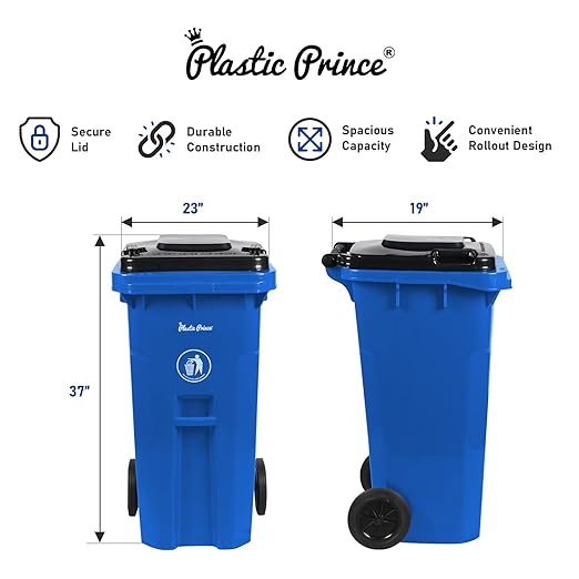 32 Gallon Trash Can Outdoor Recycling Bin with Lid and Wheels Heavy Duty Rolling Garbage Can with Lid Blue Recycle Trash Can with Wheels for Warehouse Hospital Restaurant Office