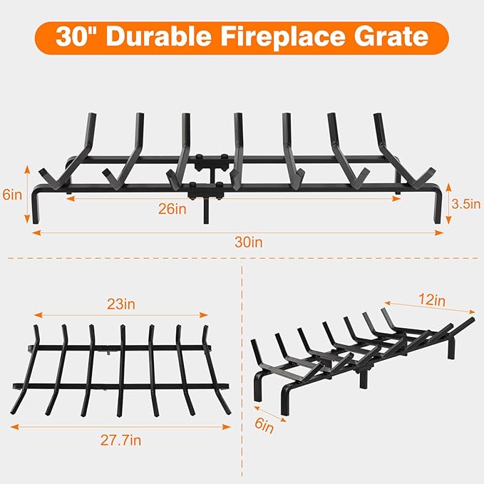 FEED GARDEN Fireplace Grate 30 inch Heavy Duty Fireplace Log Holder, 1/2" Solid Steel Bar Fire Pit Grate for Indoor Outdoor, Wood Stove Fireplace Accessories Wrought Iron Firewood Burning Rack