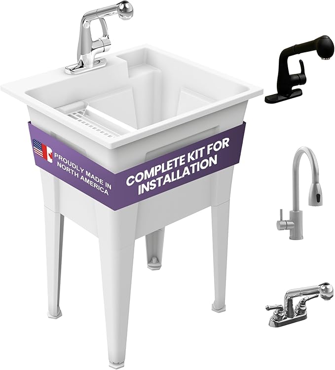 Freestanding Utility Sink with One Handle Chrome Faucet - 24" Plastic Utility Sink for Garage, Laundry, Indoor and Oudoor Use - Laundry Tub Kit by Noah William Home - White (19.5 gal)