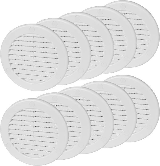 4 Inch [Opening] White Air Vent Cover – Pack of 10 – Plastic Round Air Vent Grill Cover for Wall or Ceiling, Built-in Mesh Screen/HVAC Return Air Register – Modern Louvered Design