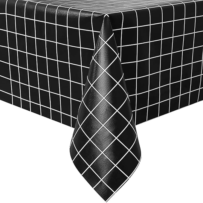 Romanstile Rectangle Vinyl Tablecloth, 100% Waterproof Oil-Proof Checkered Plastic Table Cloth, Heavy Duty Wipeable Table Covers for Dining, Camping, Picnic, Outdoor - 54 x 120 Inch, Black