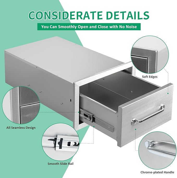 Outdoor Kitchen Drawers 14" W x 8.5" H x 23" D Stainless Steel Single Drawers with Ergonomic Handle for BBQ Island, Patio Grill Station & Outdoor Kitchen Cabinets